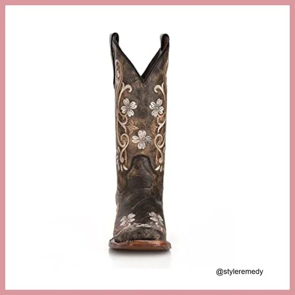 Distressed Leather Embroidered Snip Toe Western Boots Mid Calf - Picture 6 of 7
